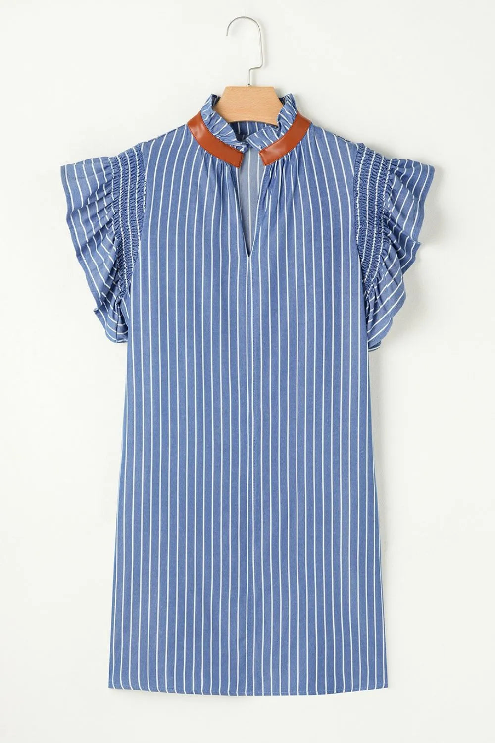 Stripe Frilly Split Neck Shirred Ruffle Sleeve Short Shift